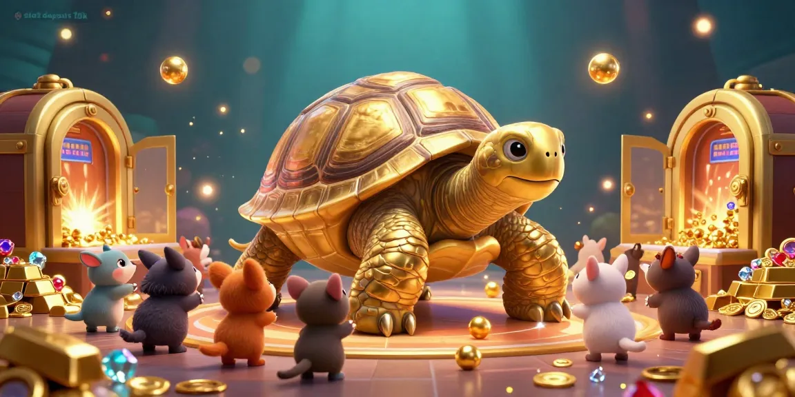 Slot deposit 10k menampilkan ilustrasi 3D kartun ceria dengan kura-kura emas dan mesin pinball