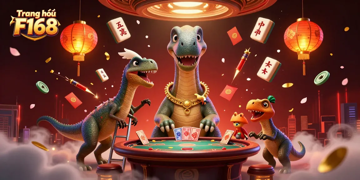 Engage in thrilling gameplay at Trang chủ F168 with dinosaurs, vibrant casino elements, and card dealing action!