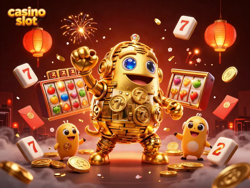 Engage with the vibrant casino slot scene featuring a golden golem, slot reels, and festive elements.