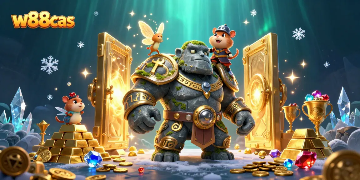 Experience thrilling gaming adventures with w88cas as the golem, fairy, and hamster knight navigate a treasure-filled scene.