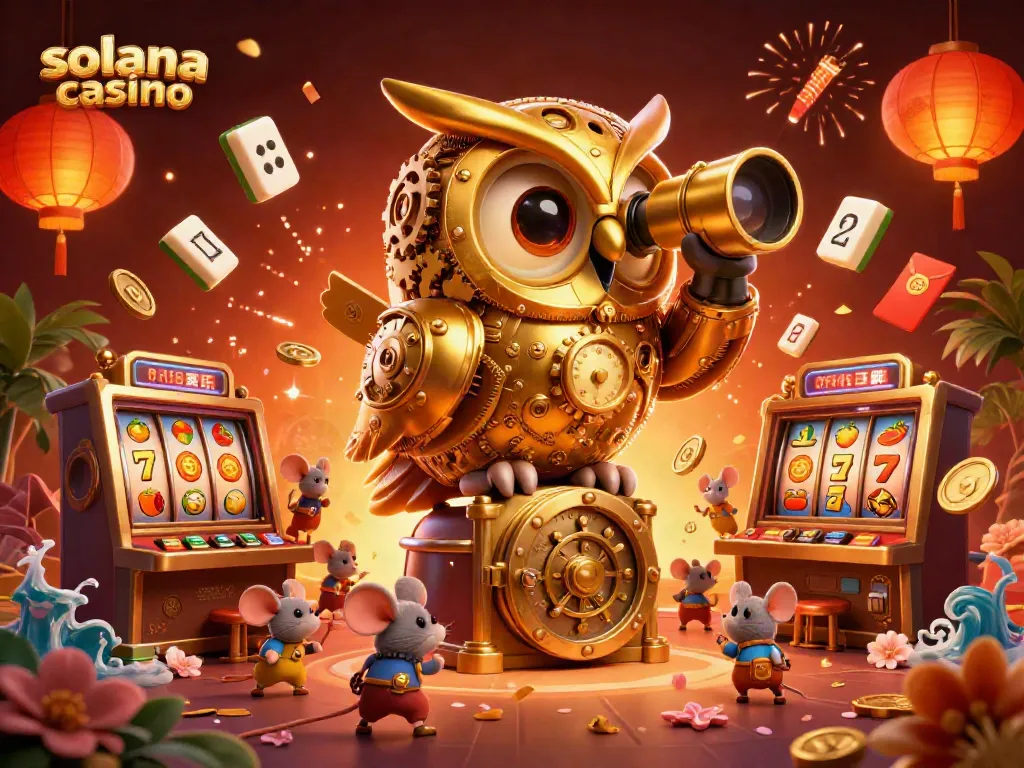 Experience the excitement of the solana casino with a lively 3D scene featuring a golden owl, slot machines, and festive elements.