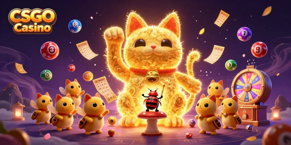 Experience the CSGO Casino excitement with a dynamic display of colorful elements and a lucky cat.