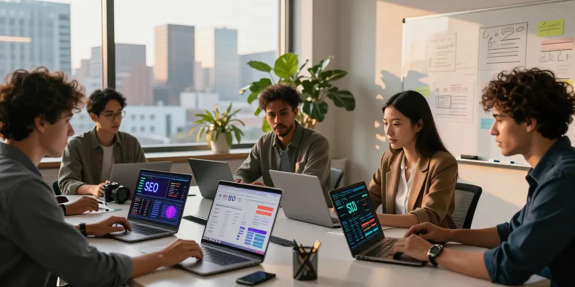 Digital marketers collaborating on AI SEO tools strategies in a modern office environment, showcasing SEO analytics and teamwork.