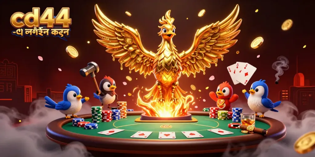 Experience the excitement of cd44 -এ লগইন করুন as a golden phoenix rises amidst a lively casino scene.