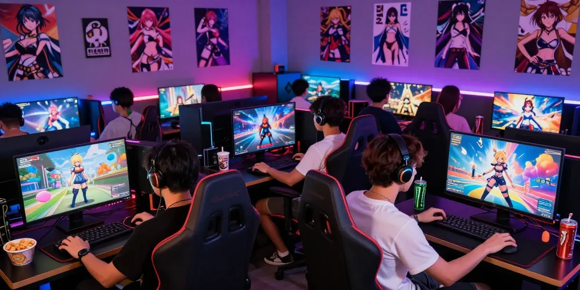 Gaming enthusiasts enjoying exciting hentai games in a vibrant lounge.