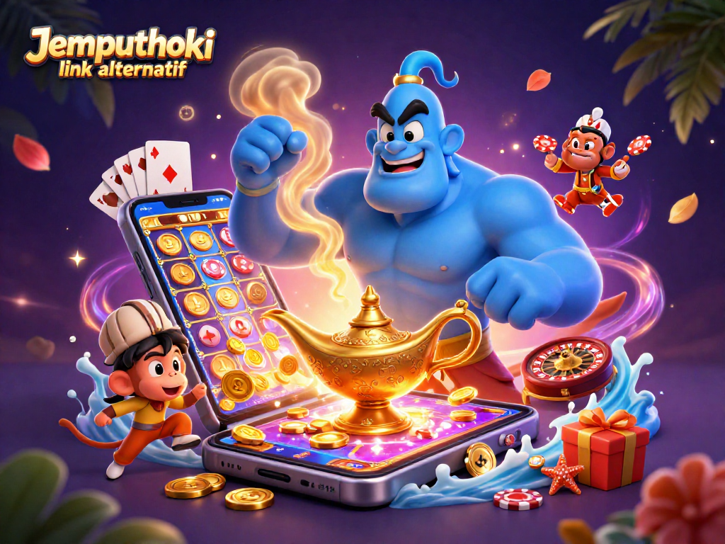 Experience the thrill of gaming with Jemputhoki link alternatif's vibrant casino illustration featuring a magical genie.