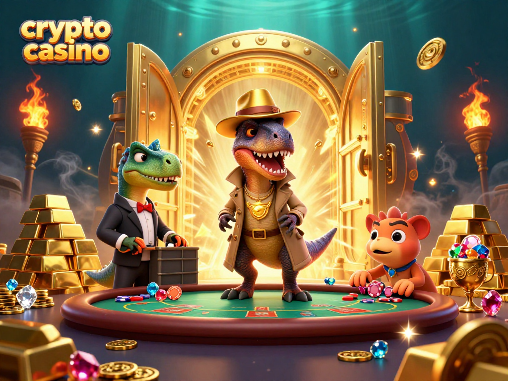 Velociraptor at crypto casino blackjack table with gold treasures and vibrant details.