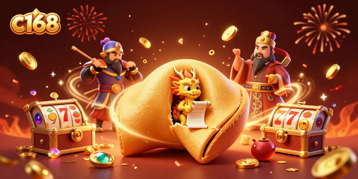 Experience thrilling slots at c168 with a golden fortune cookie, dragon, and vibrant casino elements.