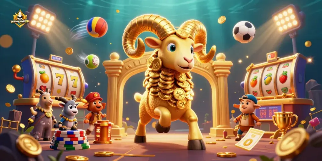 Experience the thrill of gaming with warungcash189 as a golden ram charges through slot elements and vibrant action.