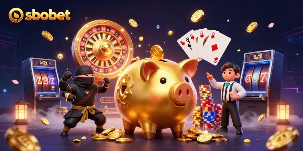 Experience sbobet action with an energetic illustration of a piggy bank sumo wrestler amidst sparkling casino elements.