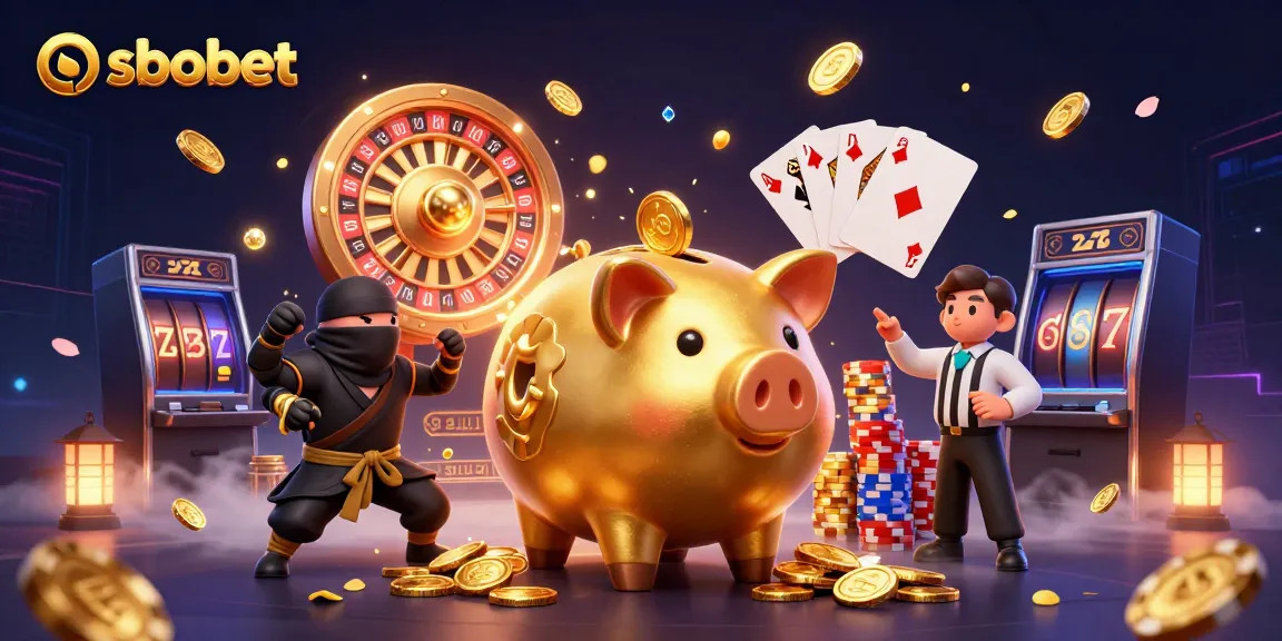 Experience sbobet action with an energetic illustration of a piggy bank sumo wrestler amidst sparkling casino elements.