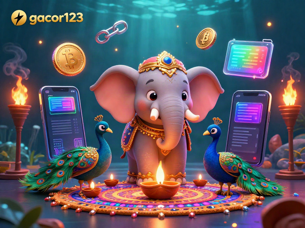 Engage in exciting gaming at gacor123 with vibrant graphics and colorful casino elements set against a dynamic background.