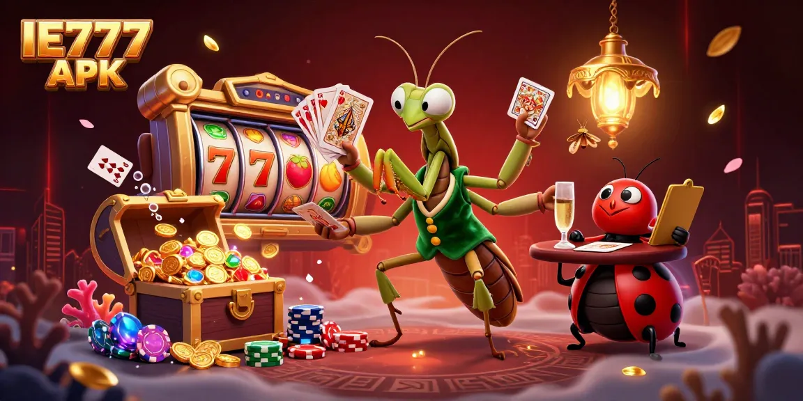 Engage with excitement in the IE777 APK realm, where a giant praying mantis card sharp deals cards amidst casino slots and treasures.