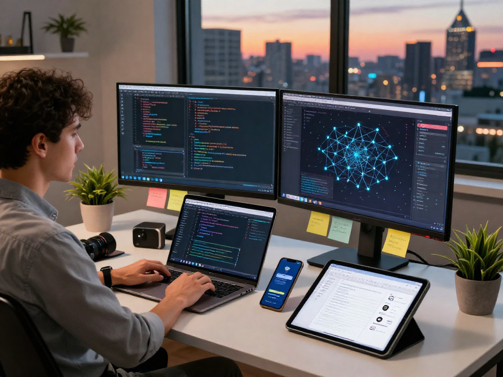 Developer menggunakan wifi4d di ruang kerja modern dengan banyak gadget teknologi.