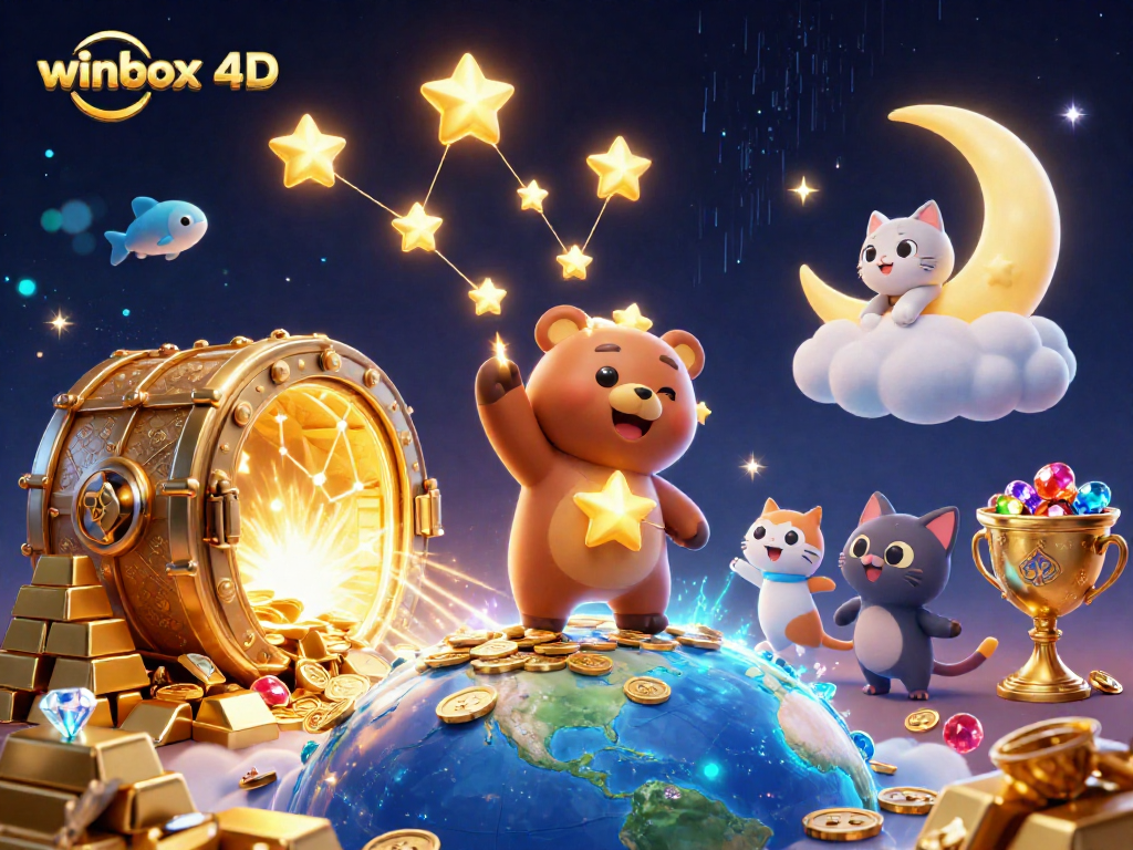 Winbox 4D showcases a constellation bear and treasures in a vibrant casino-themed scene.