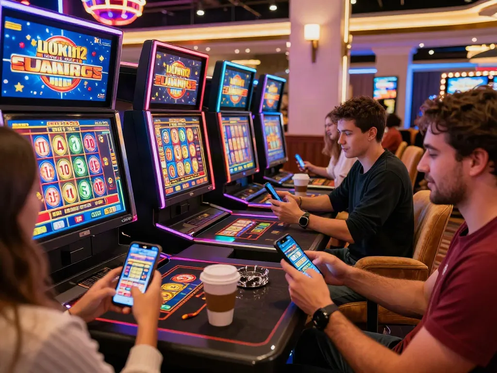 Luxury12 online slots gaming experience with friends enjoying coffee and vibrant slot reels.