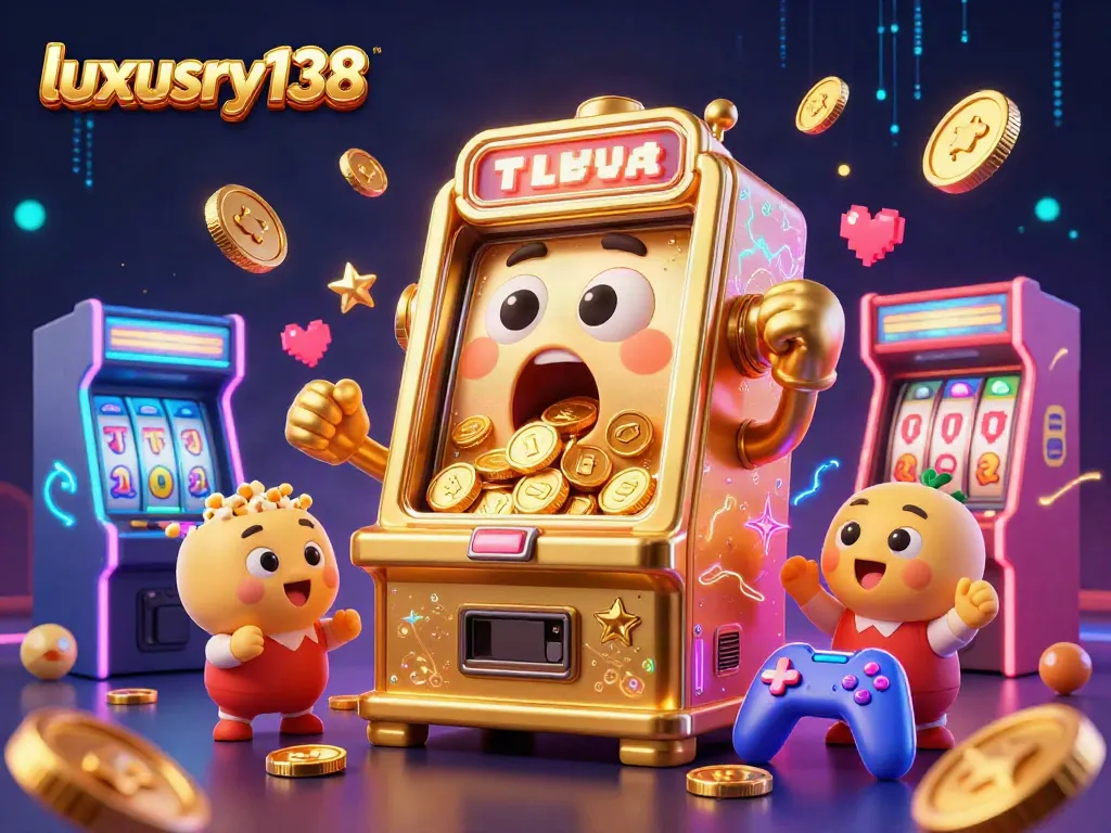 Play and win with luxury138 at an exciting 3D slot machine scene featuring cartoon characters and vibrant gaming elements.
