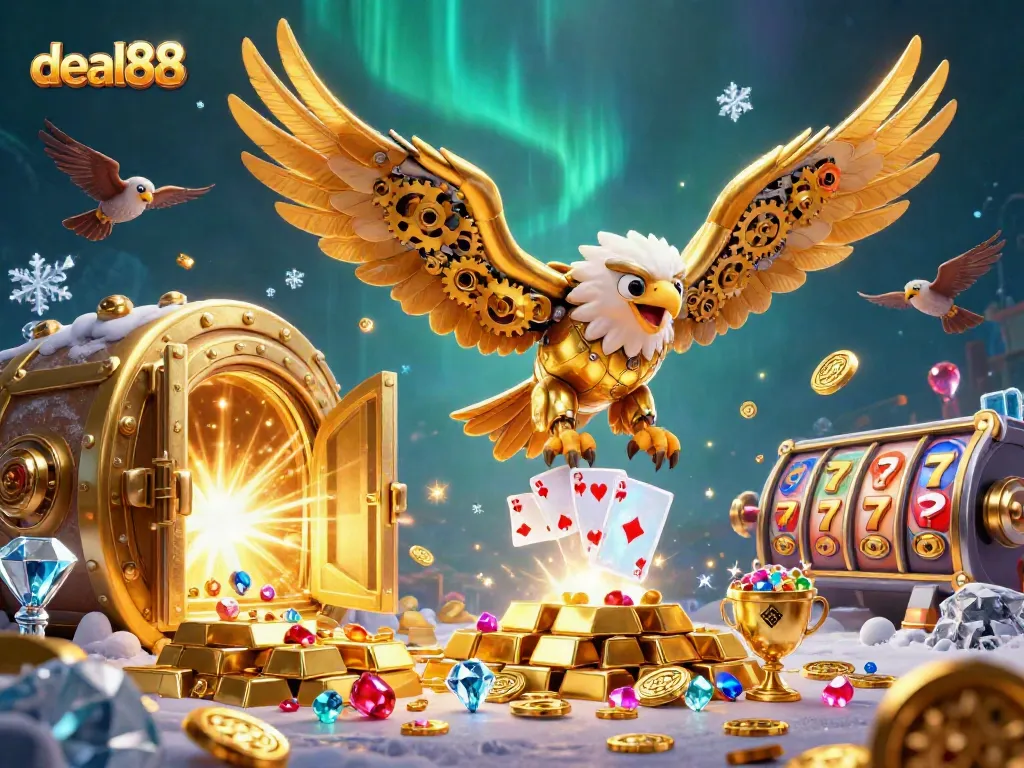 Engage in the dynamic world of deal88 with a vibrant casino-themed illustration packed with treasure and excitement.