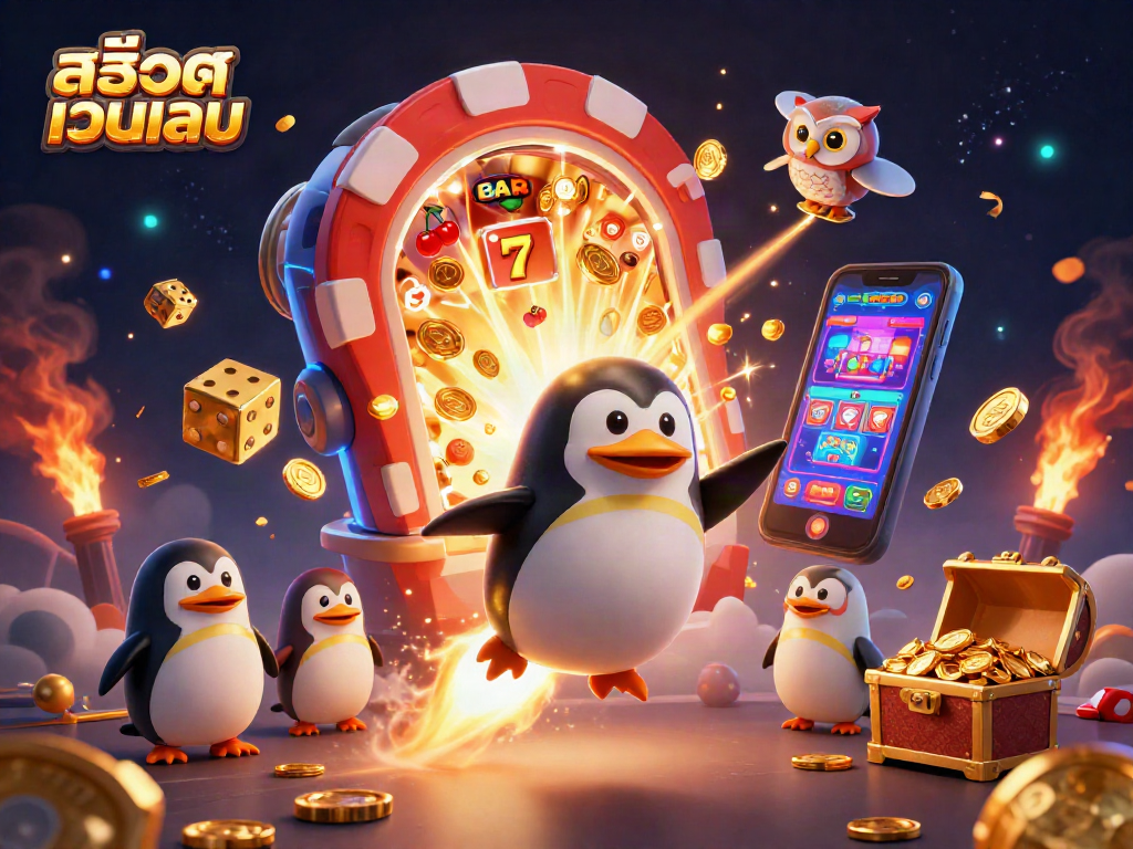 Experience สล็อตเว็บตรง gaming excitement with a golden penguin, slot machine, and jackpot explosion!