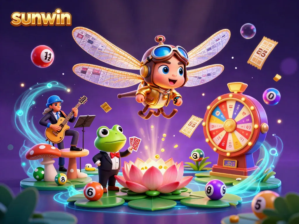 Experience thrilling gaming at sunwin with lively scenes of a dragonfly pilot, frog croupier, and jazz musicians.