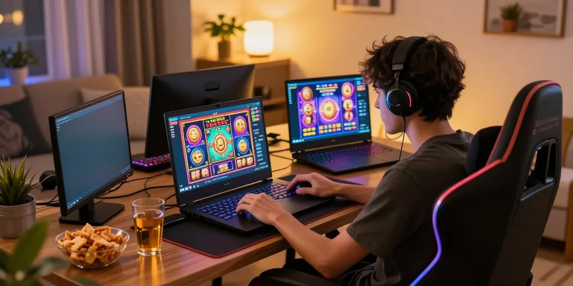 Player enjoying slot games on a gaming laptop in a vibrant home environment.