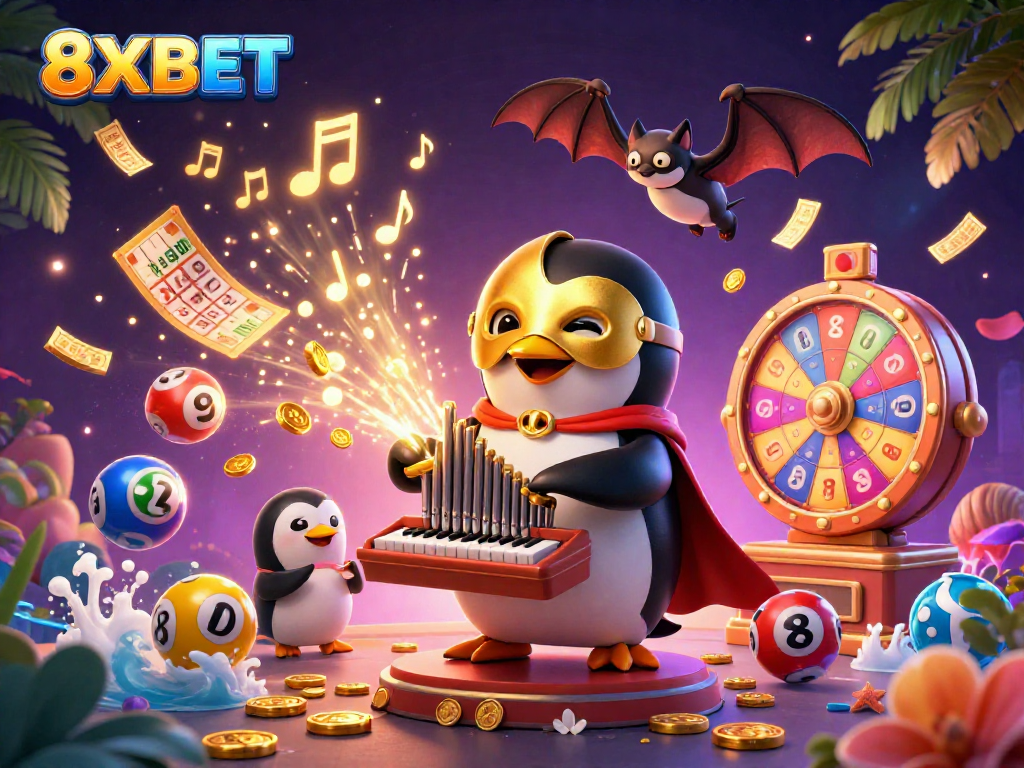 Engage with exciting games at 8XBET featuring a creative casino scene packed with fun elements.