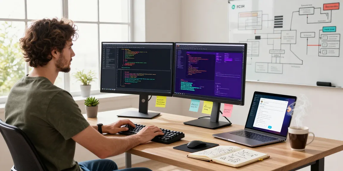 Software developer coding at dual monitors in a vibrant workspace, highlighting the slot for productivity.