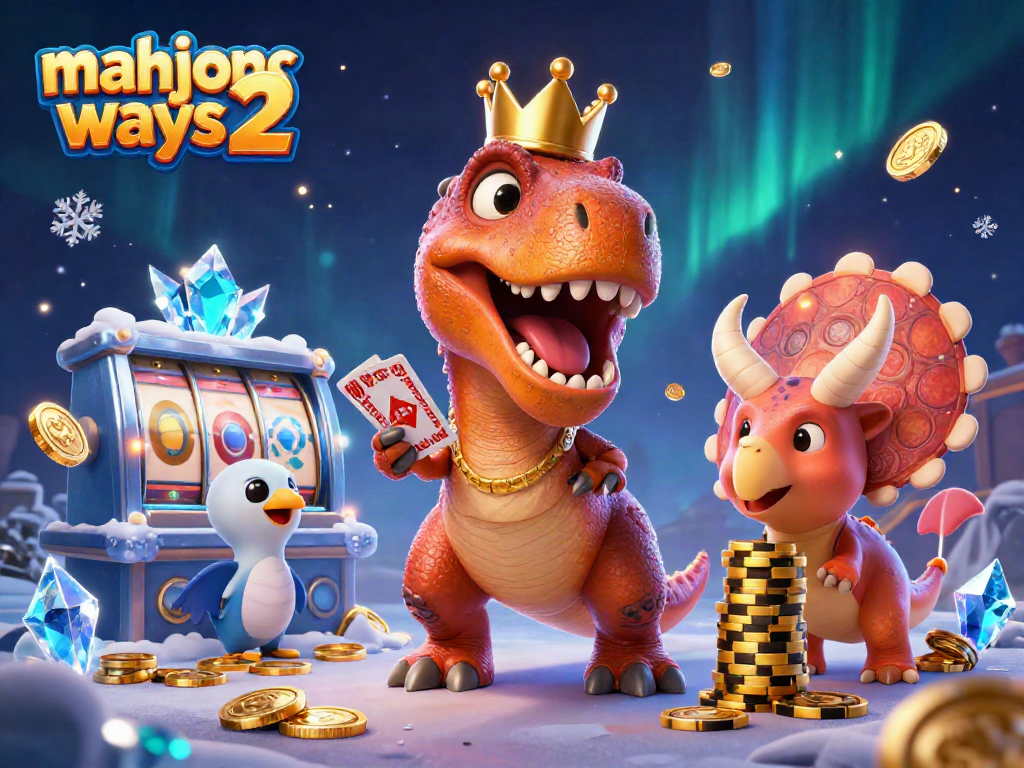 Play Mahjong Ways 2 with a friendly dinosaur T-Rex, enjoying fun and excitement in a colorful casino scene.