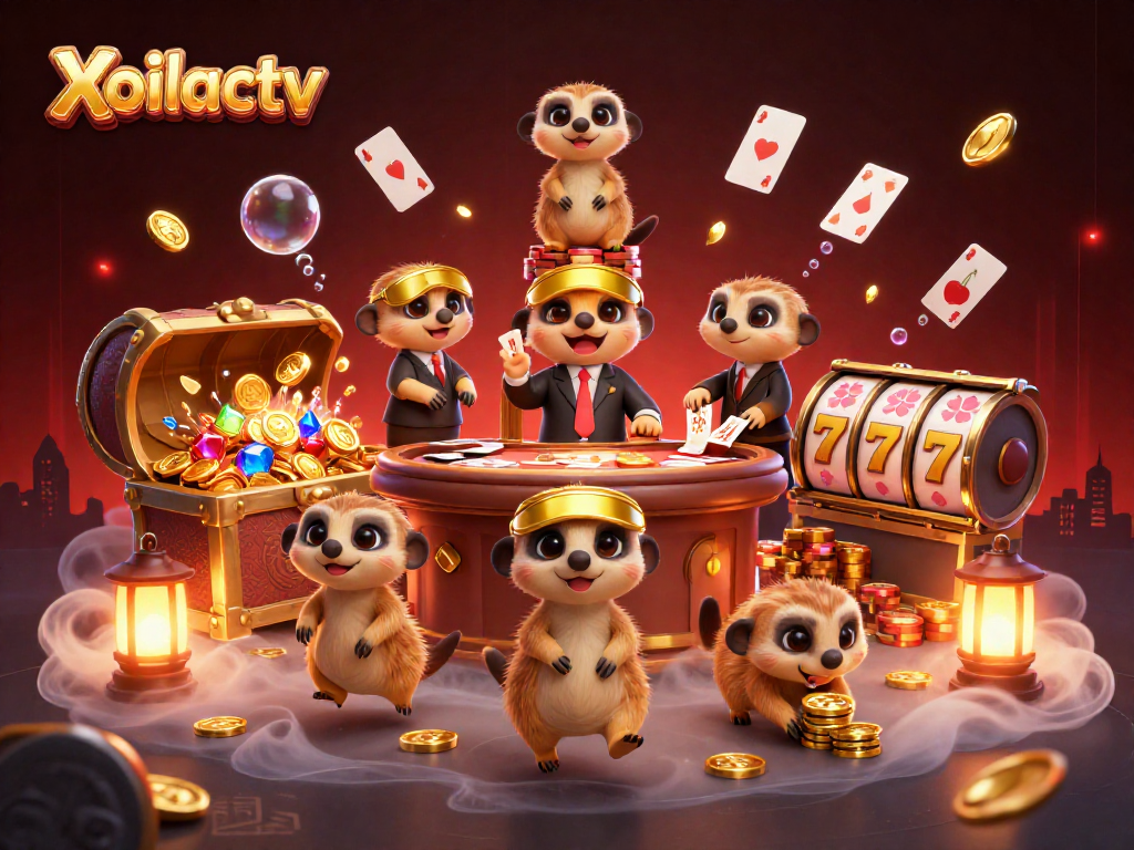 Xoilactv casino action with meerkats dealing cards and managing chips in a vibrant, dynamic scene