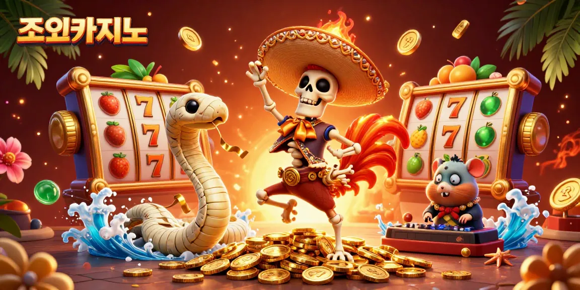 Experience excitement at 조이카지노 with a festive 3D casino illustration showcasing vibrant characters, slot reels, and golden elements.