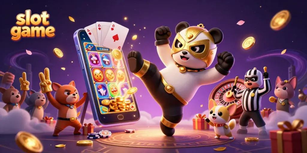 Experience the excitement of a slot game with a panda wrestler performing alongside vibrant casino elements.