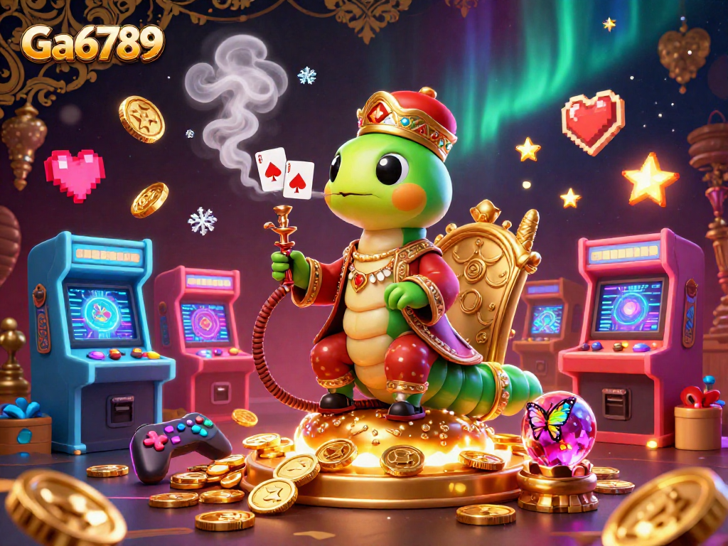 Engage with Ga6789's 3D casino extravaganza featuring a caterpillar hookah-master and vivid gaming elements.