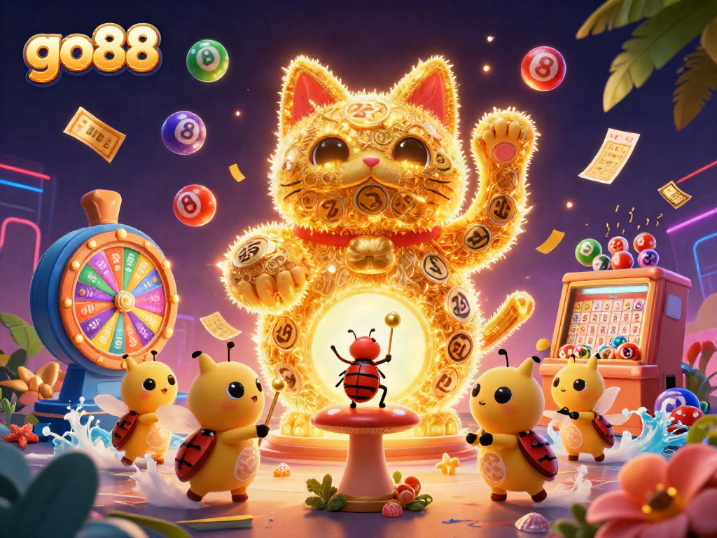 Engage with go88's vibrant gaming world, featuring a lucky cat and dynamic lottery elements.