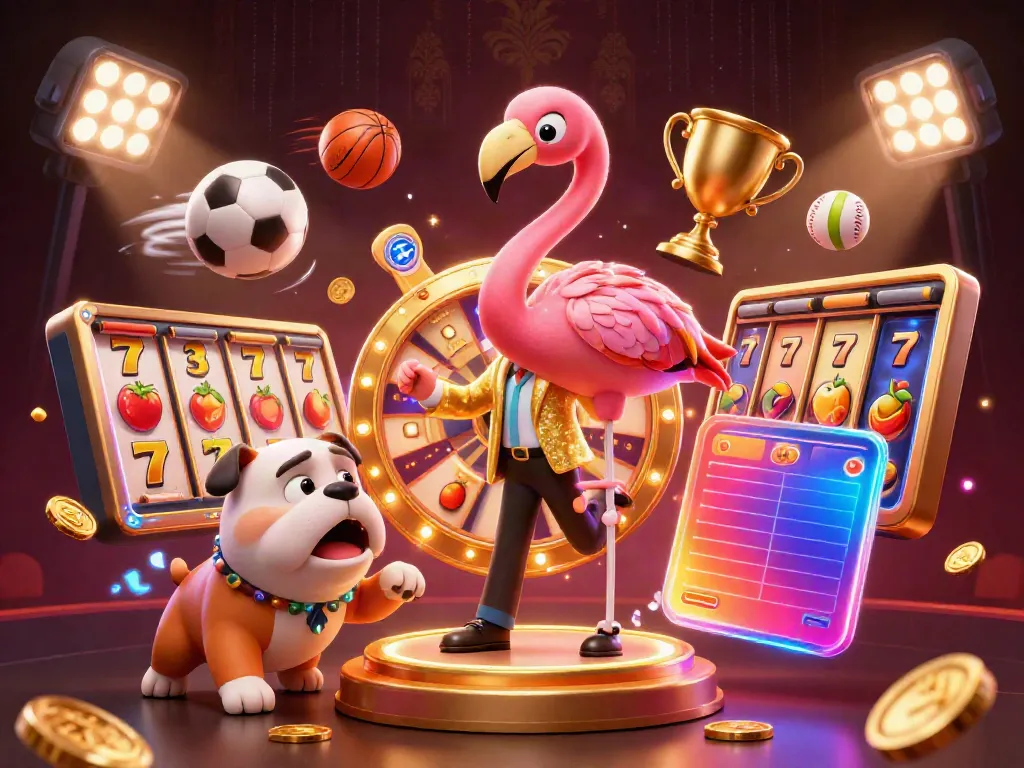 Ilustrasi 3D situs slot menampilkan flamingo sebagai host acara permainan, anjing bulldog bersemangat, dan kucing pemandu skoring.