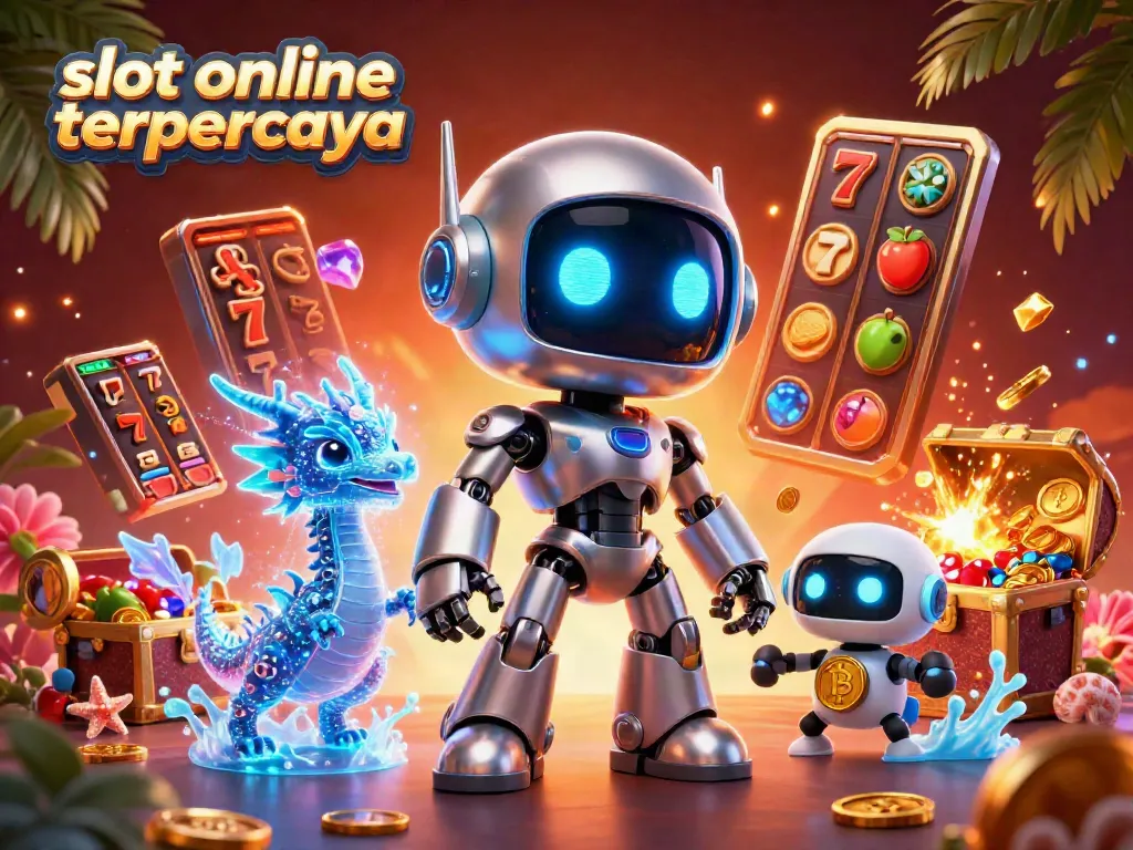 Menggambar suasana menegangkan permainan slot online terpercaya dengan karakter robot, naga holografik, dan drone membawa simbol bitcoin di tengah harta karun.