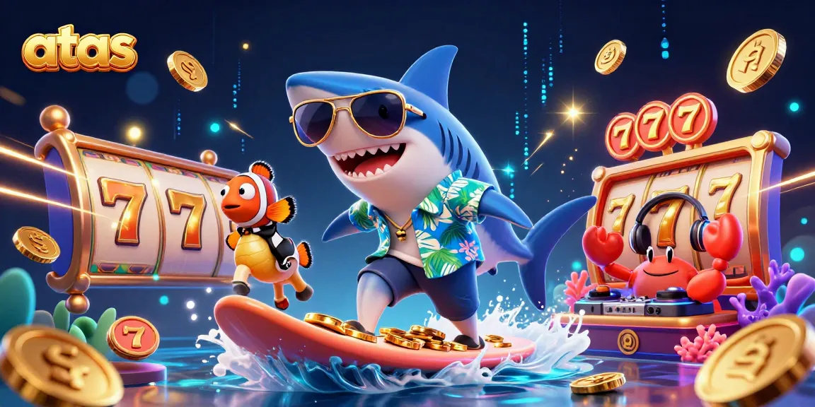 Spin the reels at atas with a vibrant 3D illustration featuring a shark and casino elements.