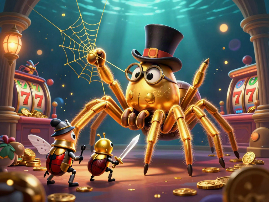Experience thrilling gameplay at sunwin with a golden tarantula and a beetle knight in a vibrant casino setting.