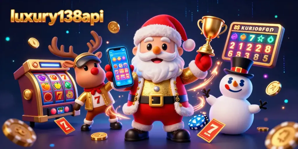 Experience luxury138api with Santa in a vibrant casino setting, showcasing jackpot slots and festive elements.