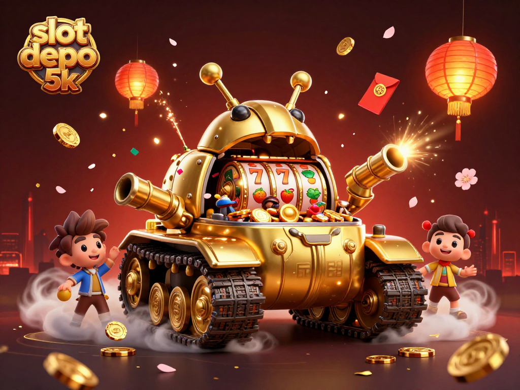 Experience the excitement of slot depo 5k with a vibrant 3D casino scene featuring dynamic slot reels and confetti!