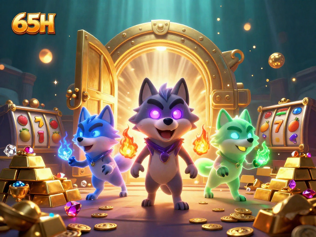 Slots emocionantes com 65H, liderados por um lobo espectral com olhos brilhantes, tesouros e jackpots.