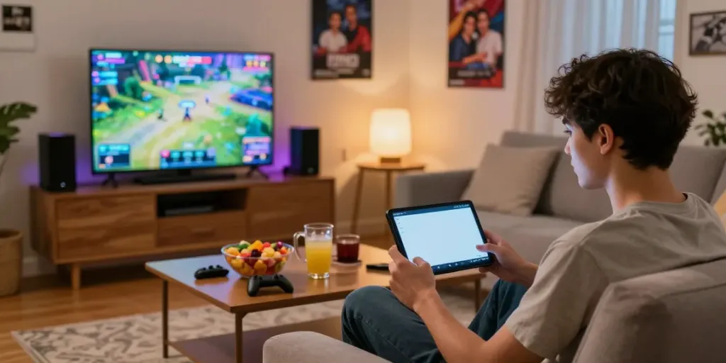 Young adult enjoying Yono Games on a smartphone in a cozy living room.