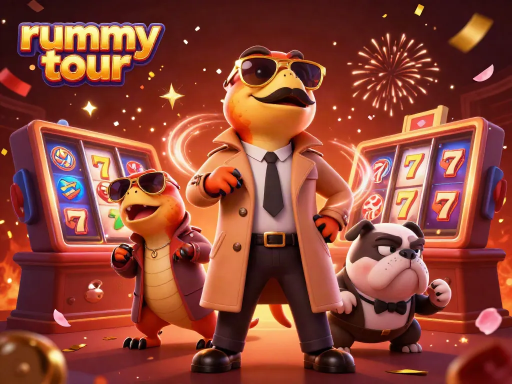 Rummy tour: Raptor lucu dan bulldog penjaga di casino VIP dalam ilustrasi 3D yang hidup.