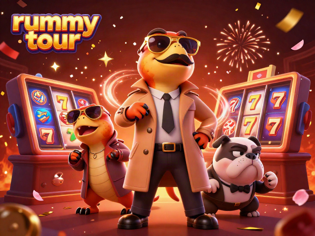 Rummy tour: Raptor lucu dan bulldog penjaga di casino VIP dalam ilustrasi 3D yang hidup.