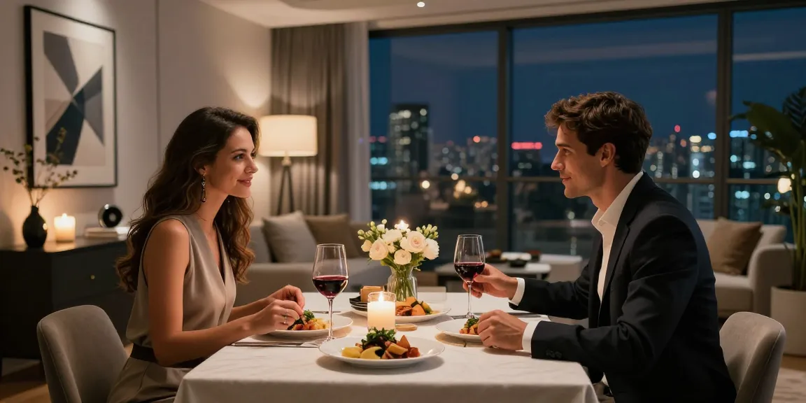 LUXURY 111 pasangan menikmati makan malam mewah di apartemen modern.