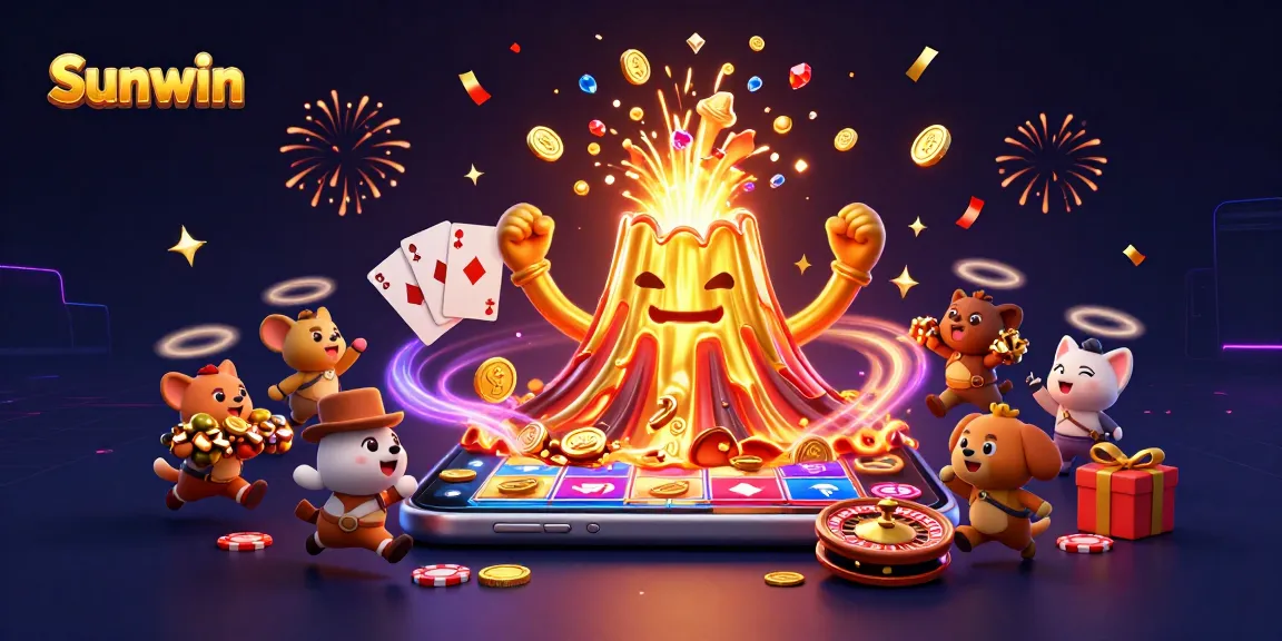 Sunwin captures the excitement of winning treasures in a vibrant casino game scene with a golden volcano and animals.