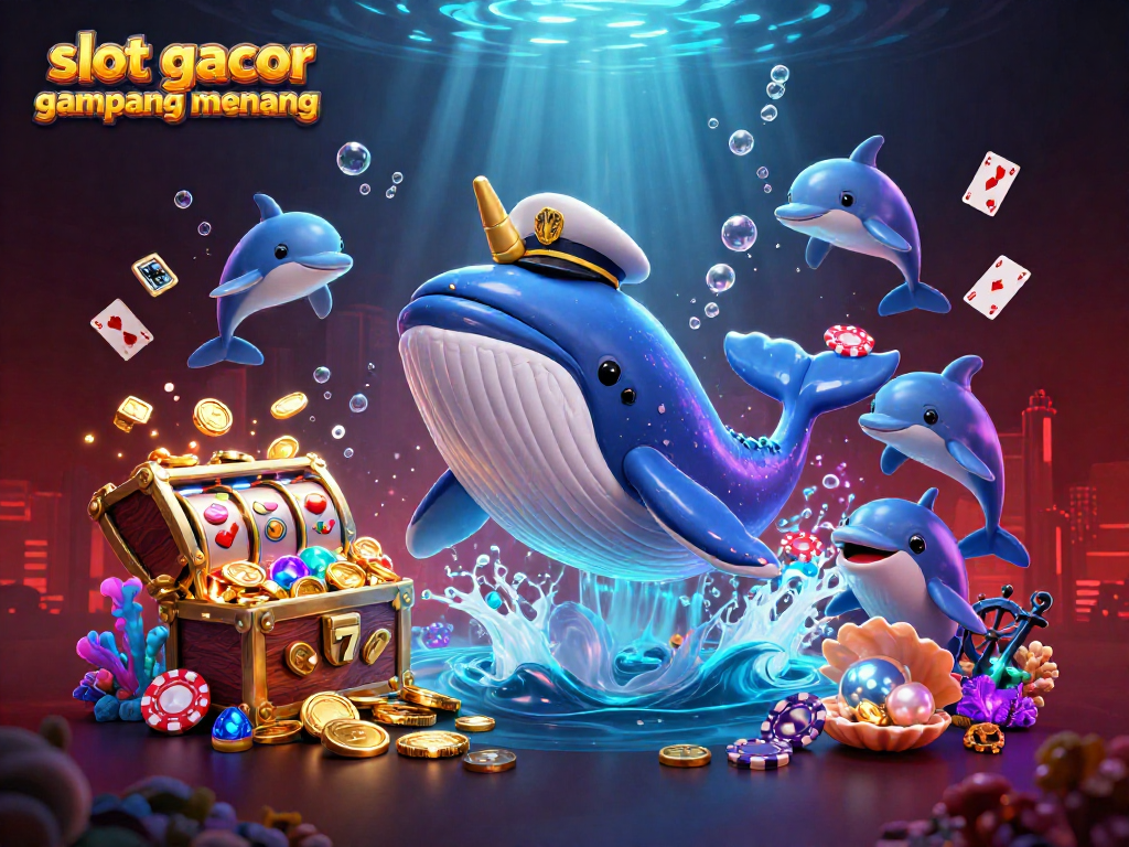 Experience slot gacor gampang menang with this vibrant 3D underwater casino illustration featuring a cartoon whale and jackpots.
