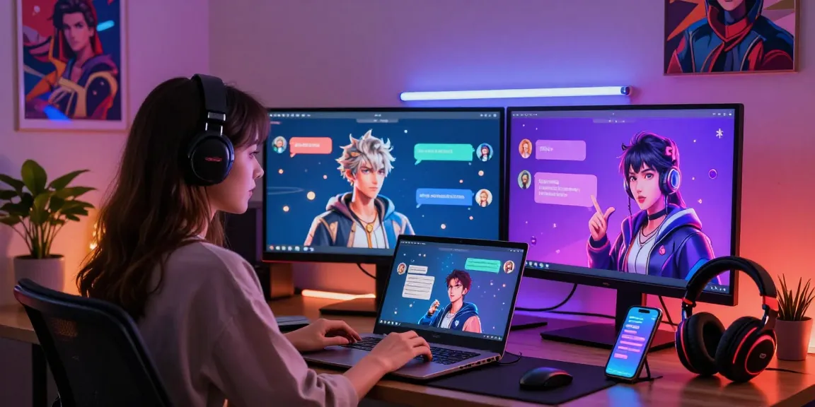 User engaging in an nsfw ai chat on a dual-monitor setup, showcasing vibrant animated characters and a modern digital workspace.