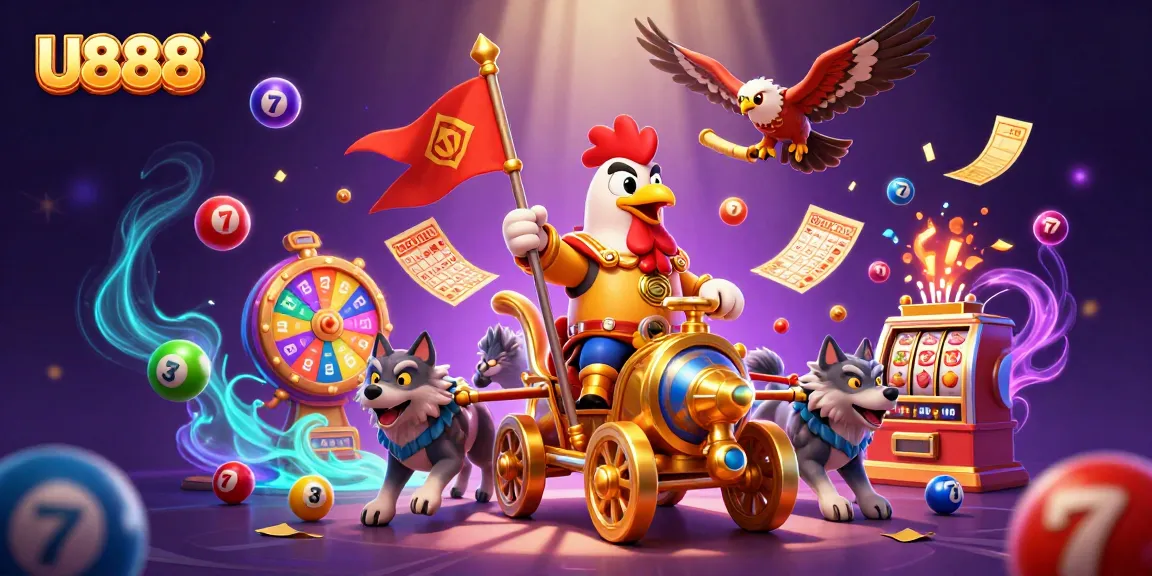 Experience thrilling gaming with U888, featuring a rooster warlord in action alongside vibrant slot machines.