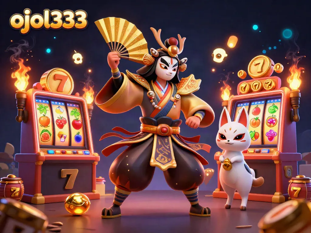 Engage in thrilling slots action with ojol333's captivating kabuki warriors illustration.
