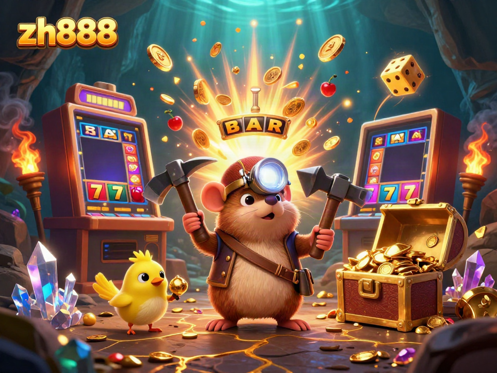 Experience the excitement of gaming on zh888 with a dynamic illustration of a treasure hunter mole and casino elements.
